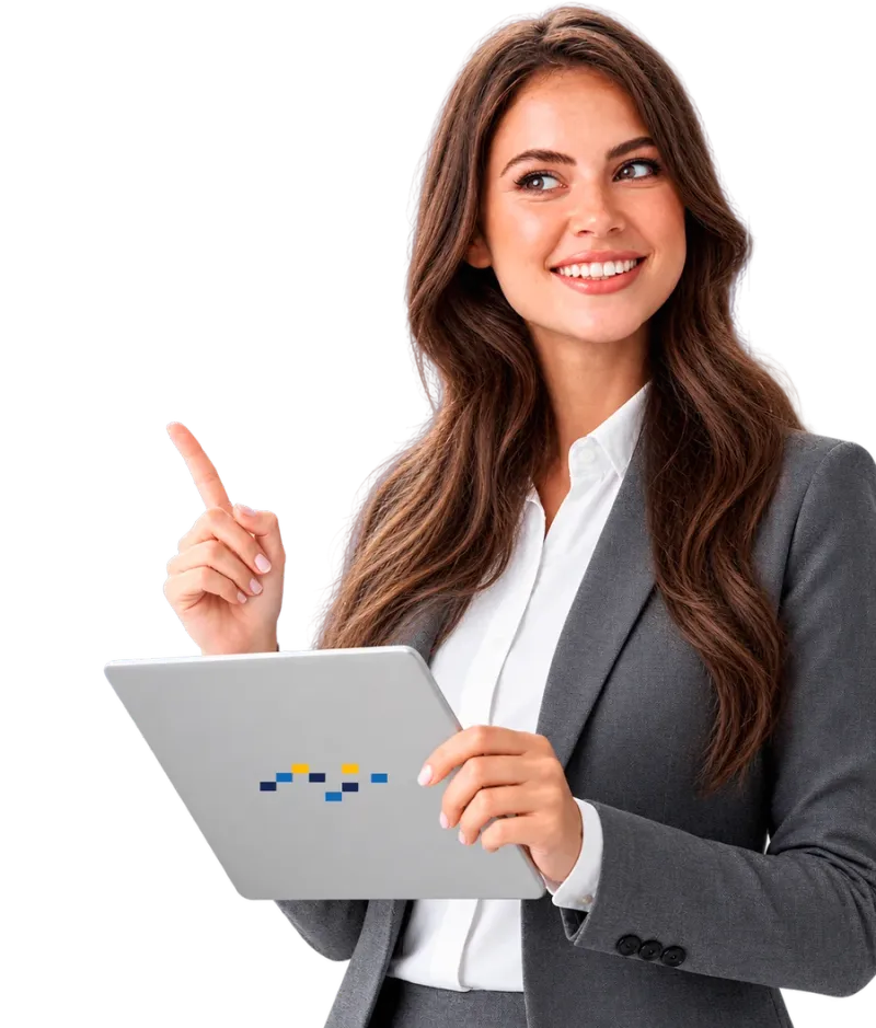 Mujer sonriente con una tableta con el símbolo de UserIT