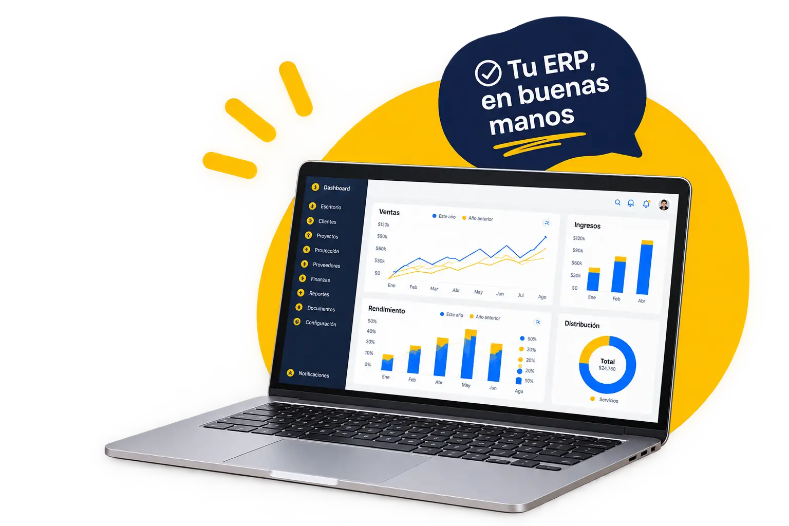 Ilustración: un portátil sobre una mesa de oficina muestra un cuadro de mando con gráficos de ventas, ingresos y distribución; encima, un bocadillo con el mensaje «Tu ERP, en buenas manos».