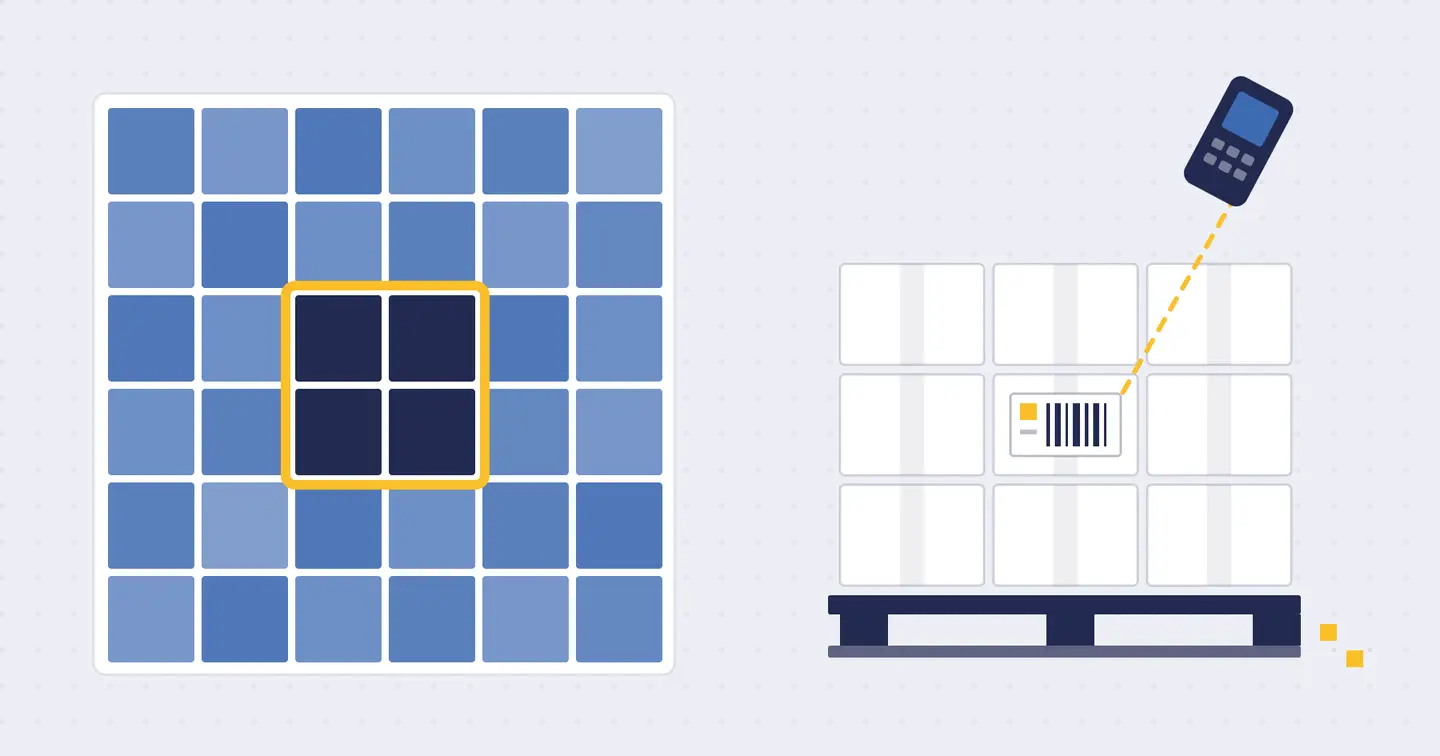Cuadrícula de azulejos en tonos de azul con un lote marcado en amarillo y un pallet de cajas cuya etiqueta lee un terminal de radiofrecuencia